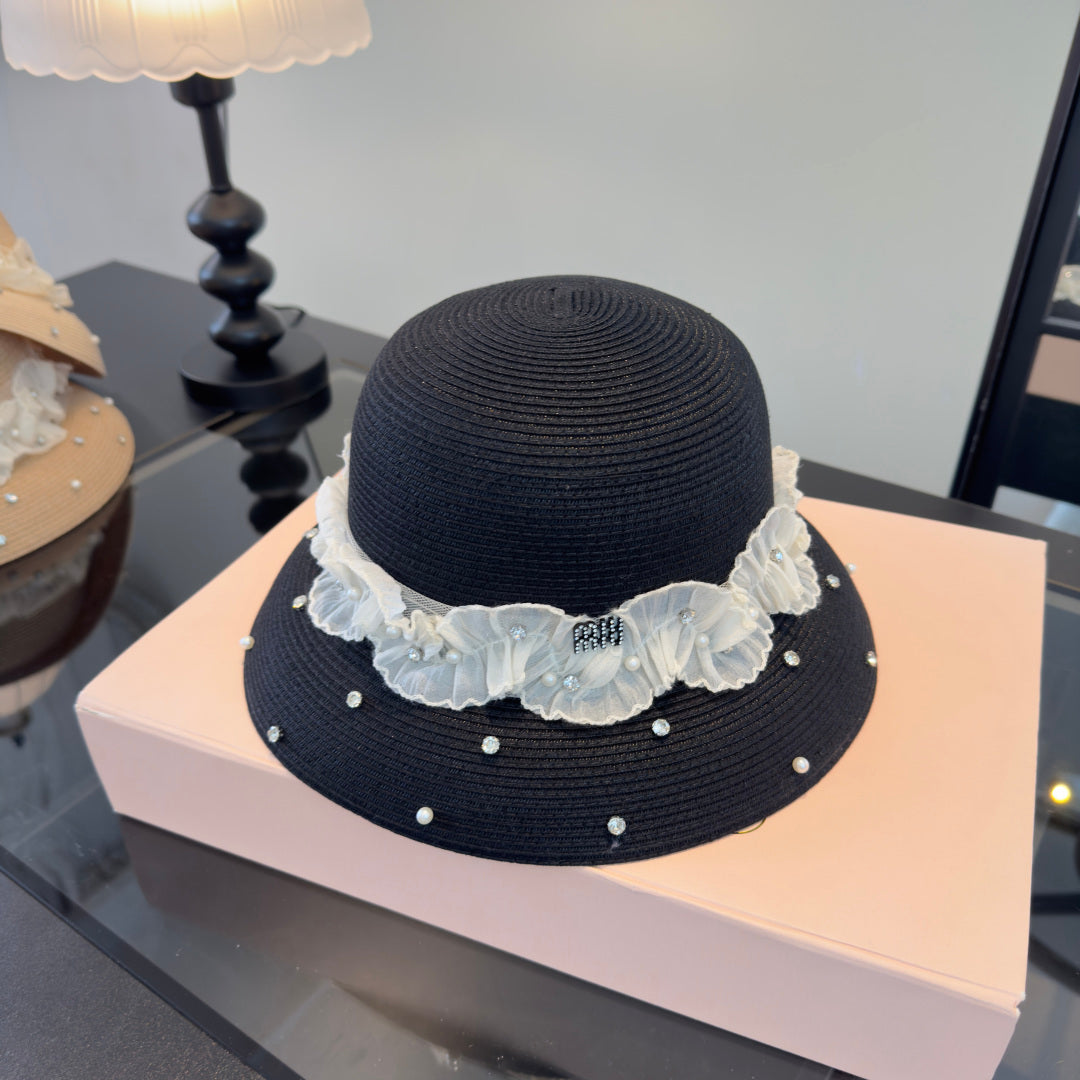 Miu Miu Straw Hat With Lace And Rhinestone 278290
