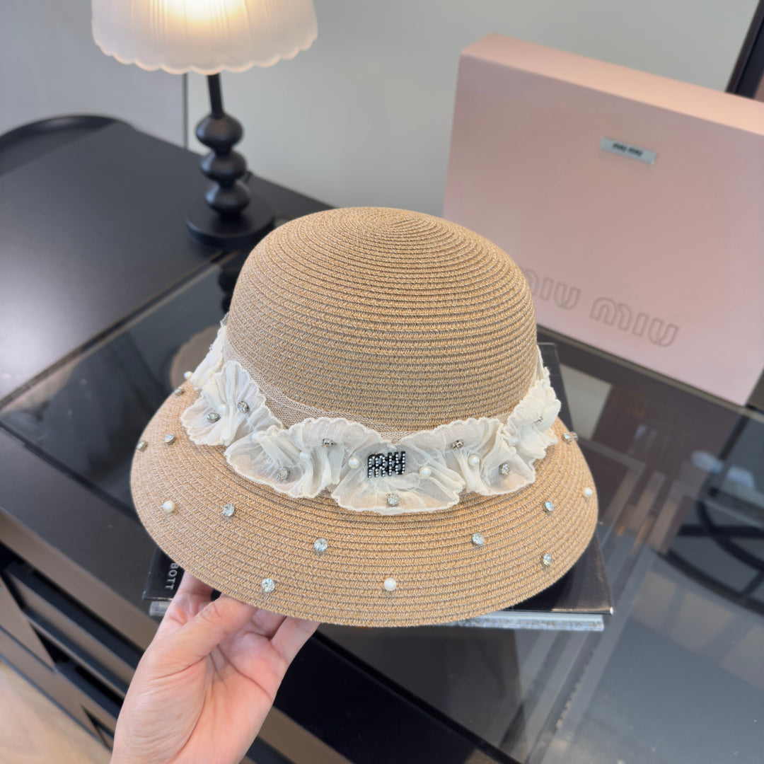 Miu Miu Straw Hat With Lace And Rhinestone 278290