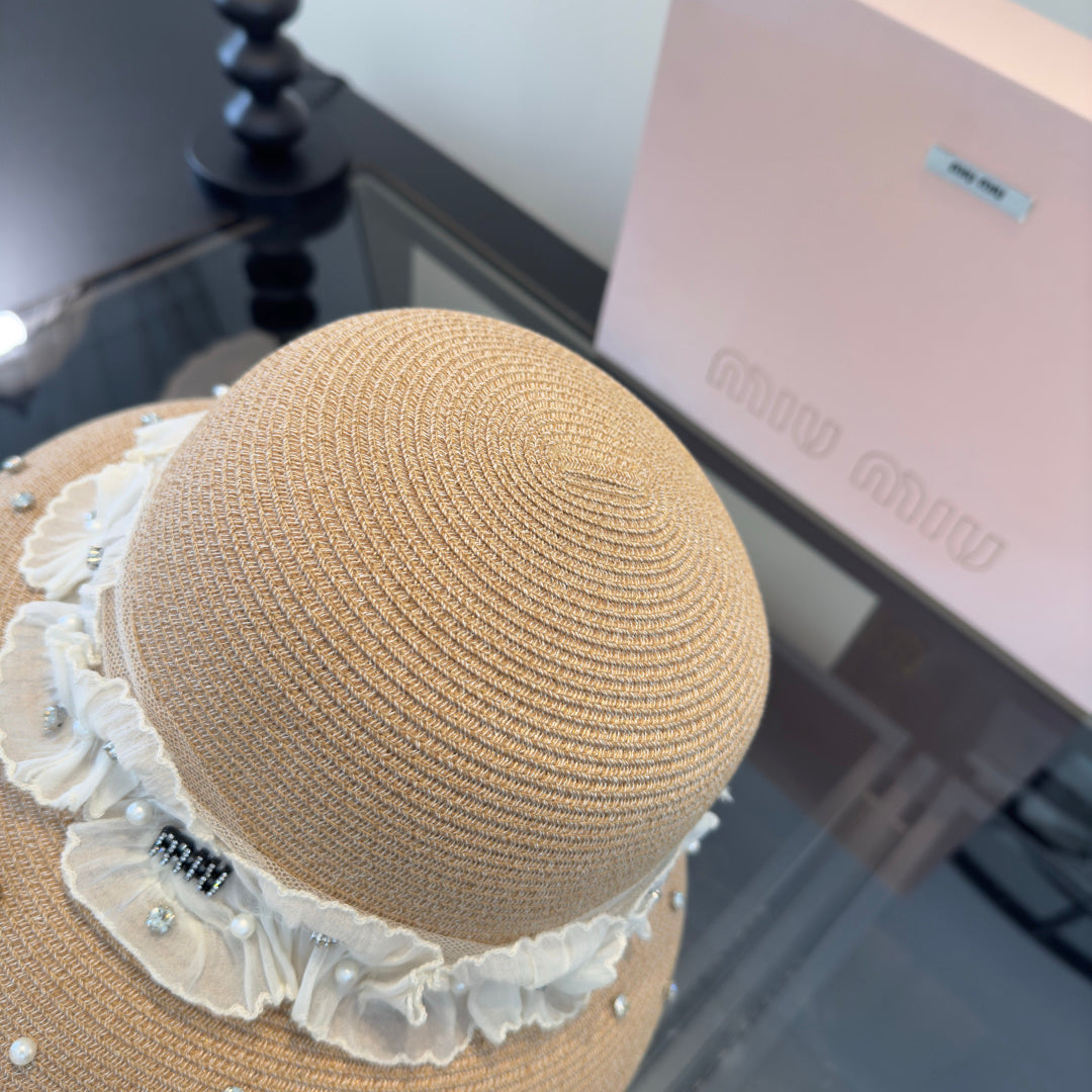 Miu Miu Straw Hat With Lace And Rhinestone 278290