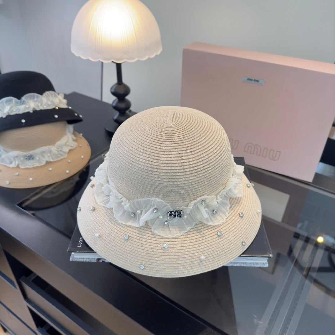 Miu Miu Straw Hat With Lace And Rhinestone 278290