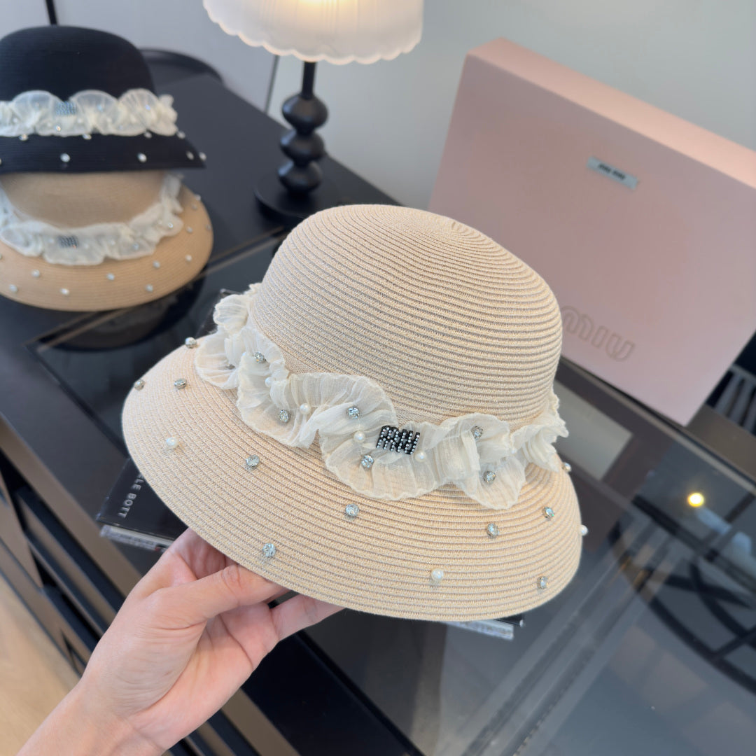 Miu Miu Straw Hat With Lace And Rhinestone 278290