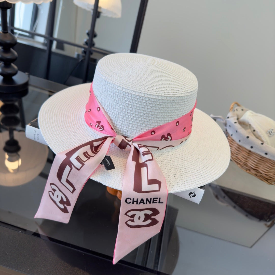 Chanel Flat-top Straw Hat With Silk Bow 279632