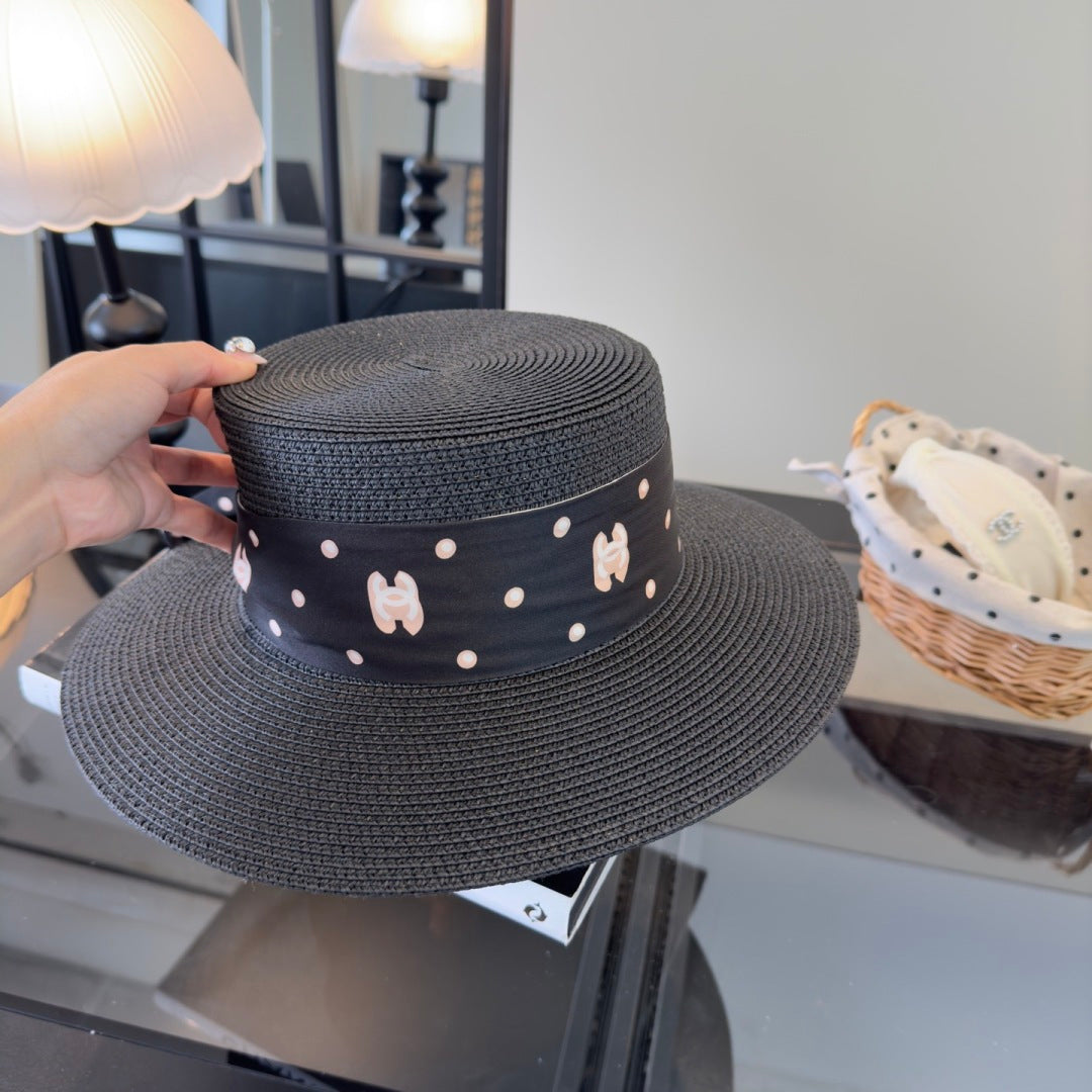 Chanel Flat-top Straw Hat With Silk Bow 279632