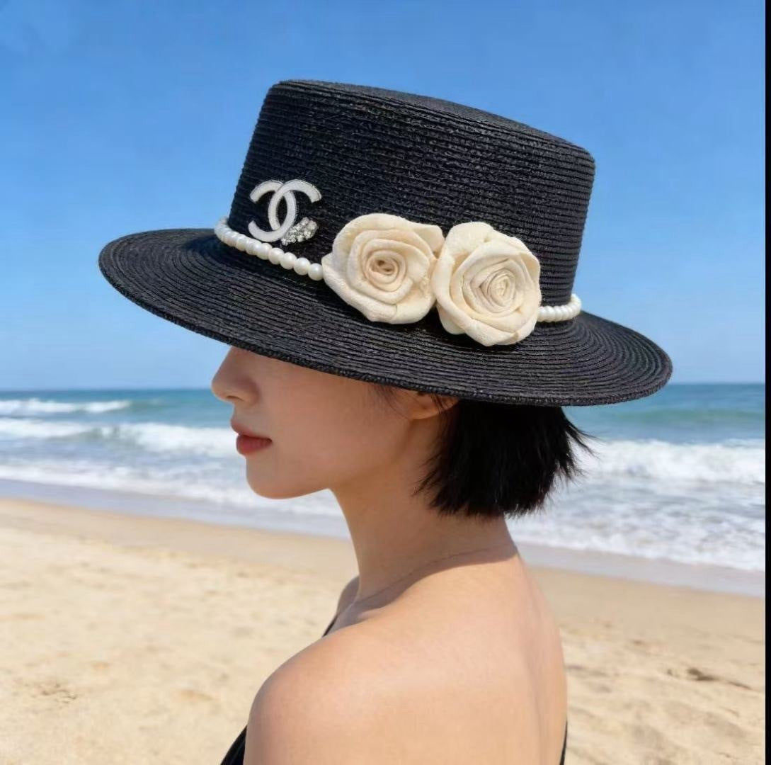 Chanel Flat-top Straw Hat With Flower Pearl 269016