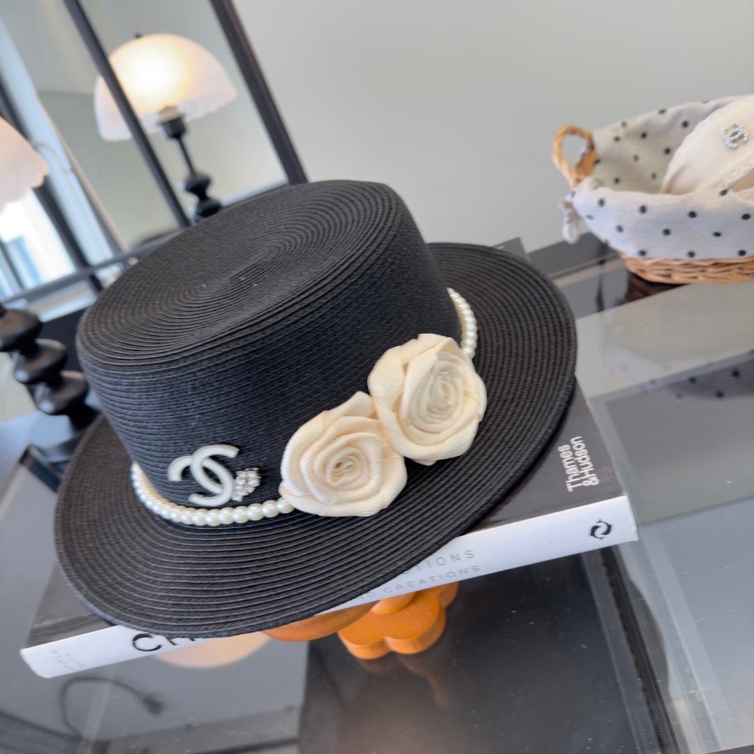 Chanel Flat-top Straw Hat With Flower Pearl 269016