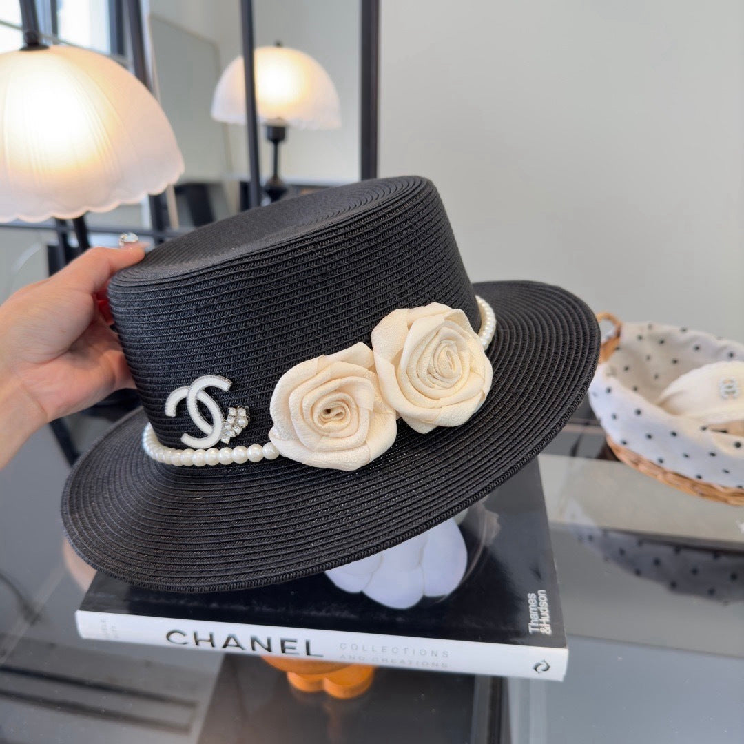 Chanel Flat-top Straw Hat With Flower Pearl 269016