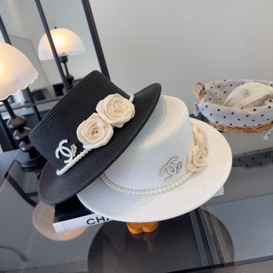 Chanel Flat-top Straw Hat With Flower Pearl 269016