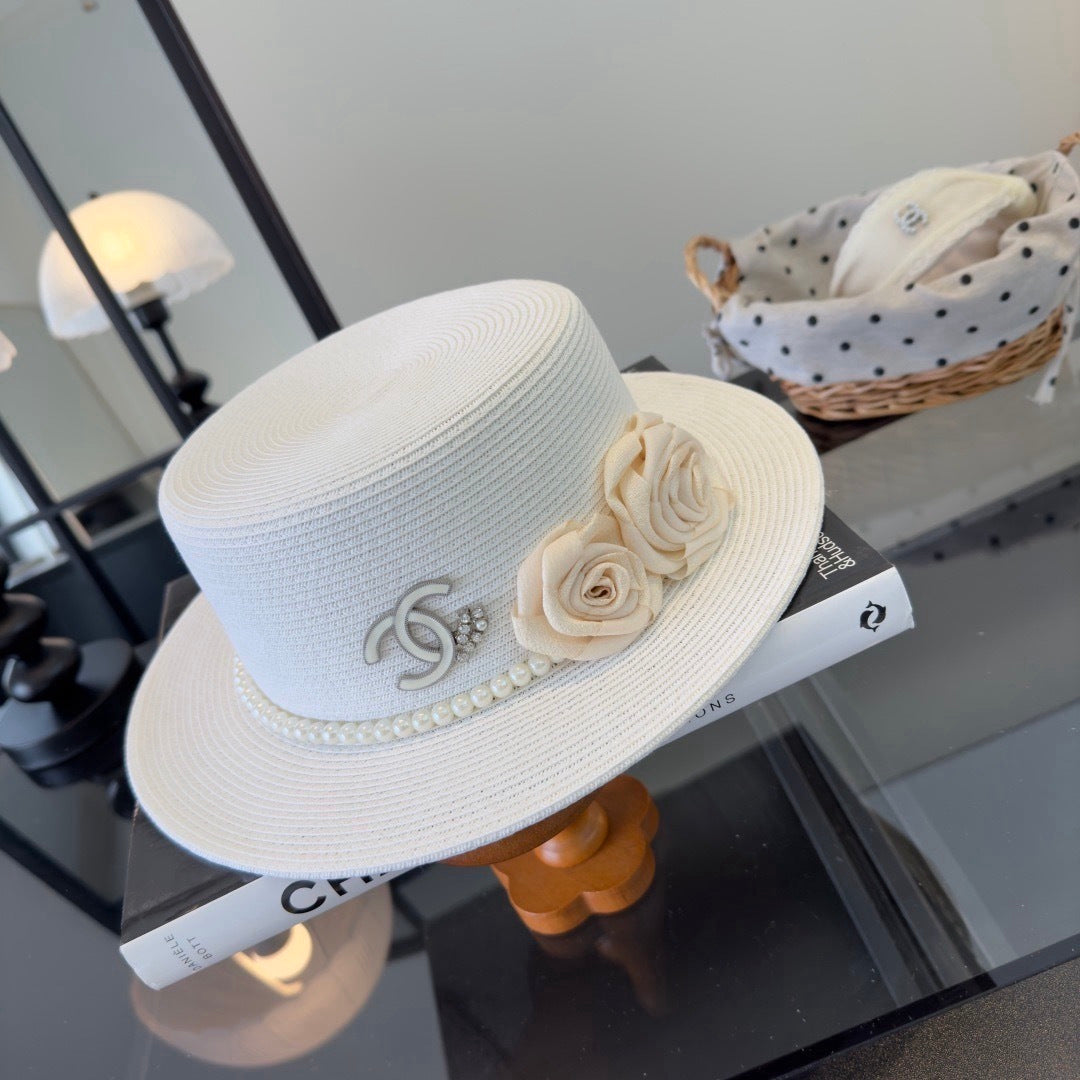 Chanel Flat-top Straw Hat With Flower Pearl 269016