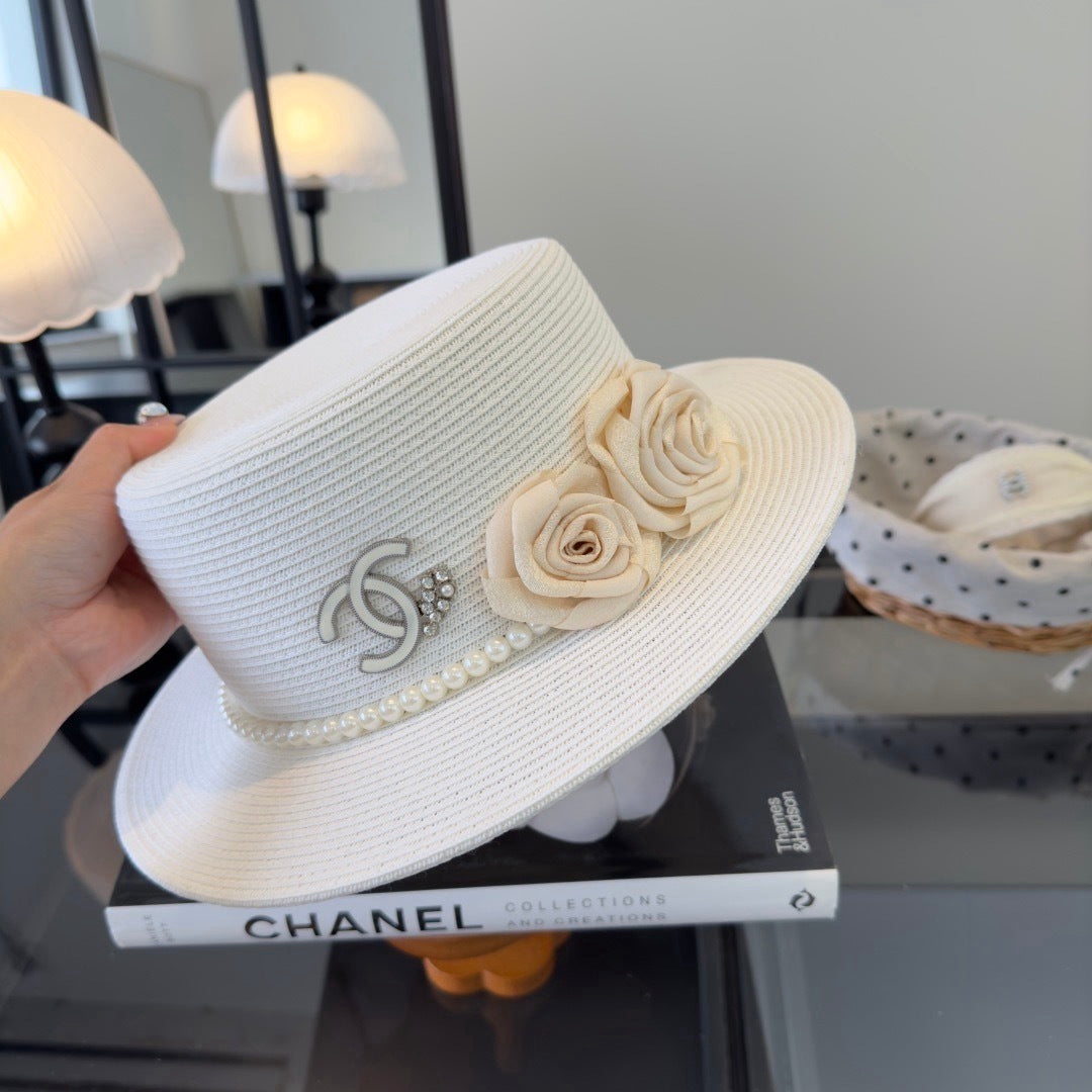 Chanel Flat-top Straw Hat With Flower Pearl 269016