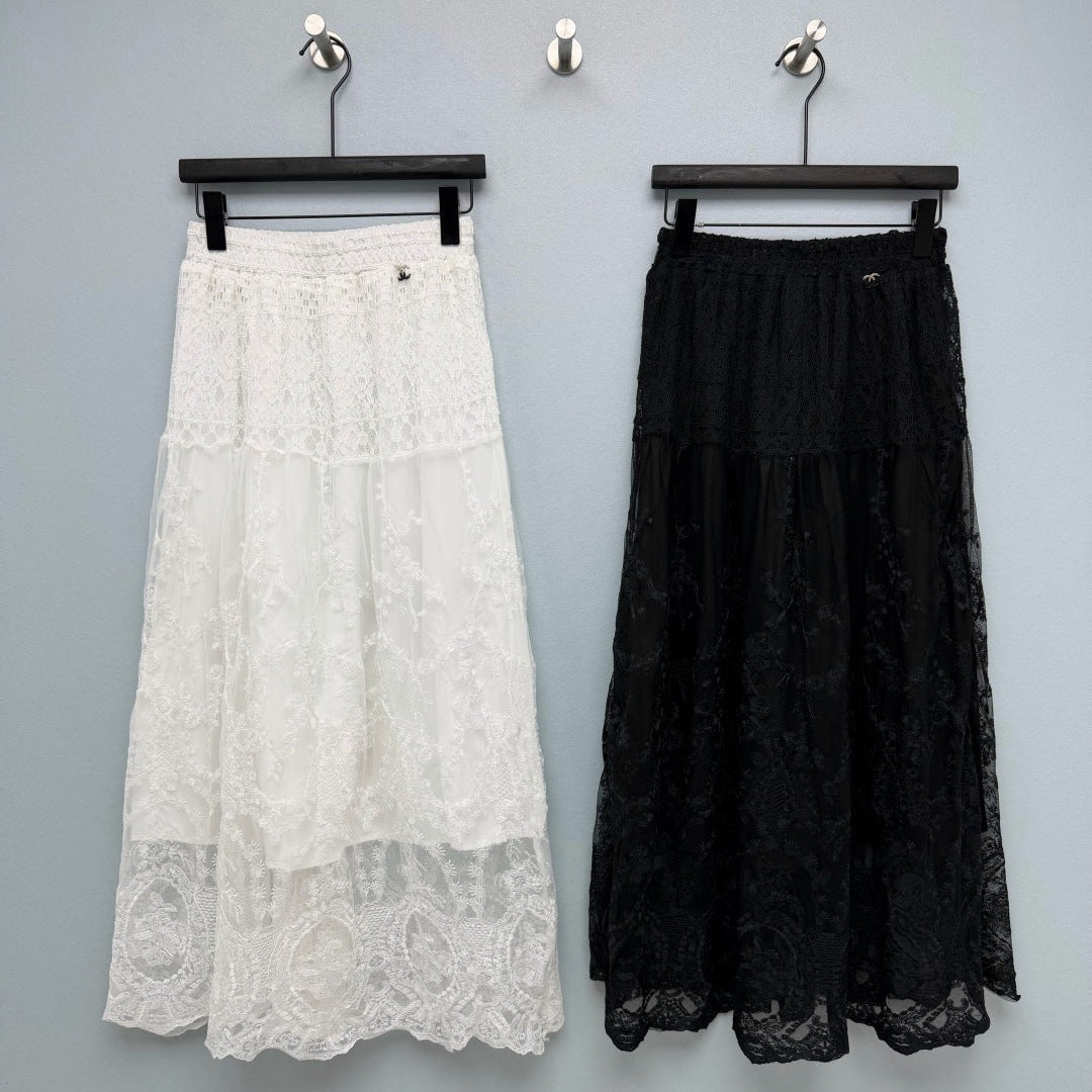 Chanel 2026 Lace Embroidery Midi Skirt Cotton 372978