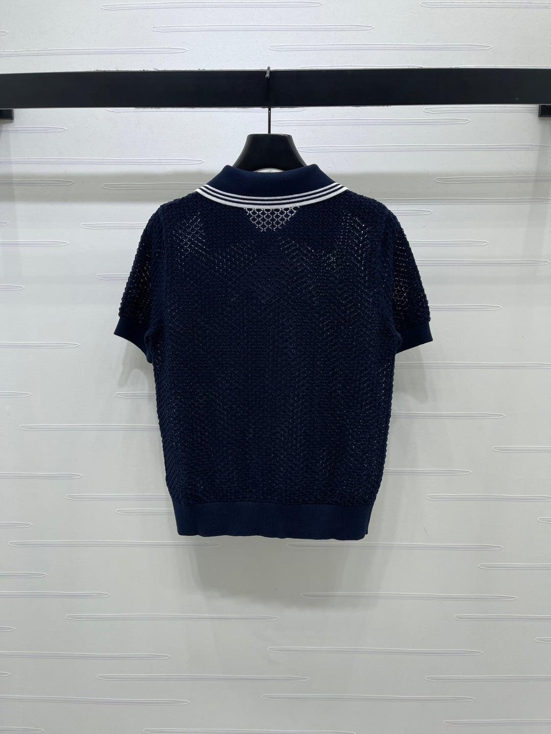 Miumiu 2026 Hollow-out Knitted Collared Short-sleeved T-shirt Wool Cashmere 374995