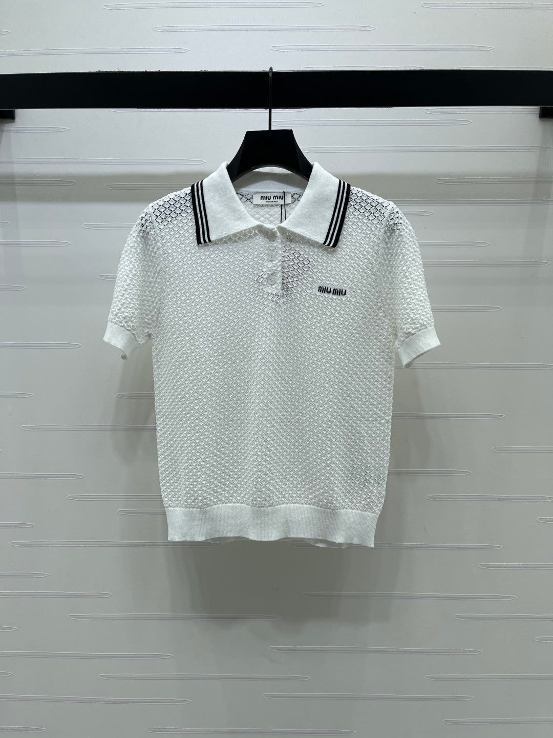 Miumiu 2026 Hollow-out Knitted Collared Short-sleeved T-shirt Wool Cashmere 374995