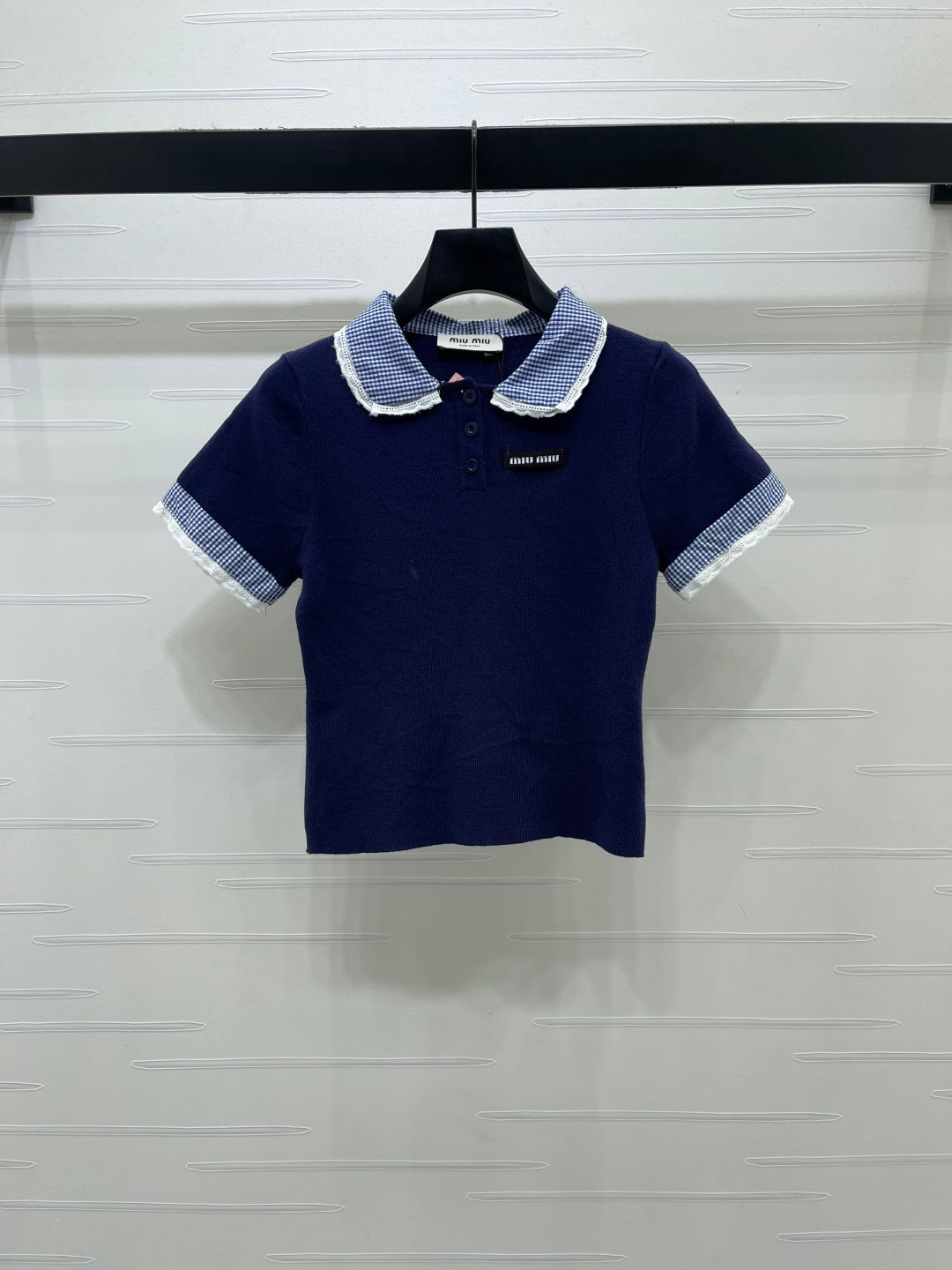 Miumiu 2026 Polo Shirts With Checkered Collar And Lace Trim Wool 332264