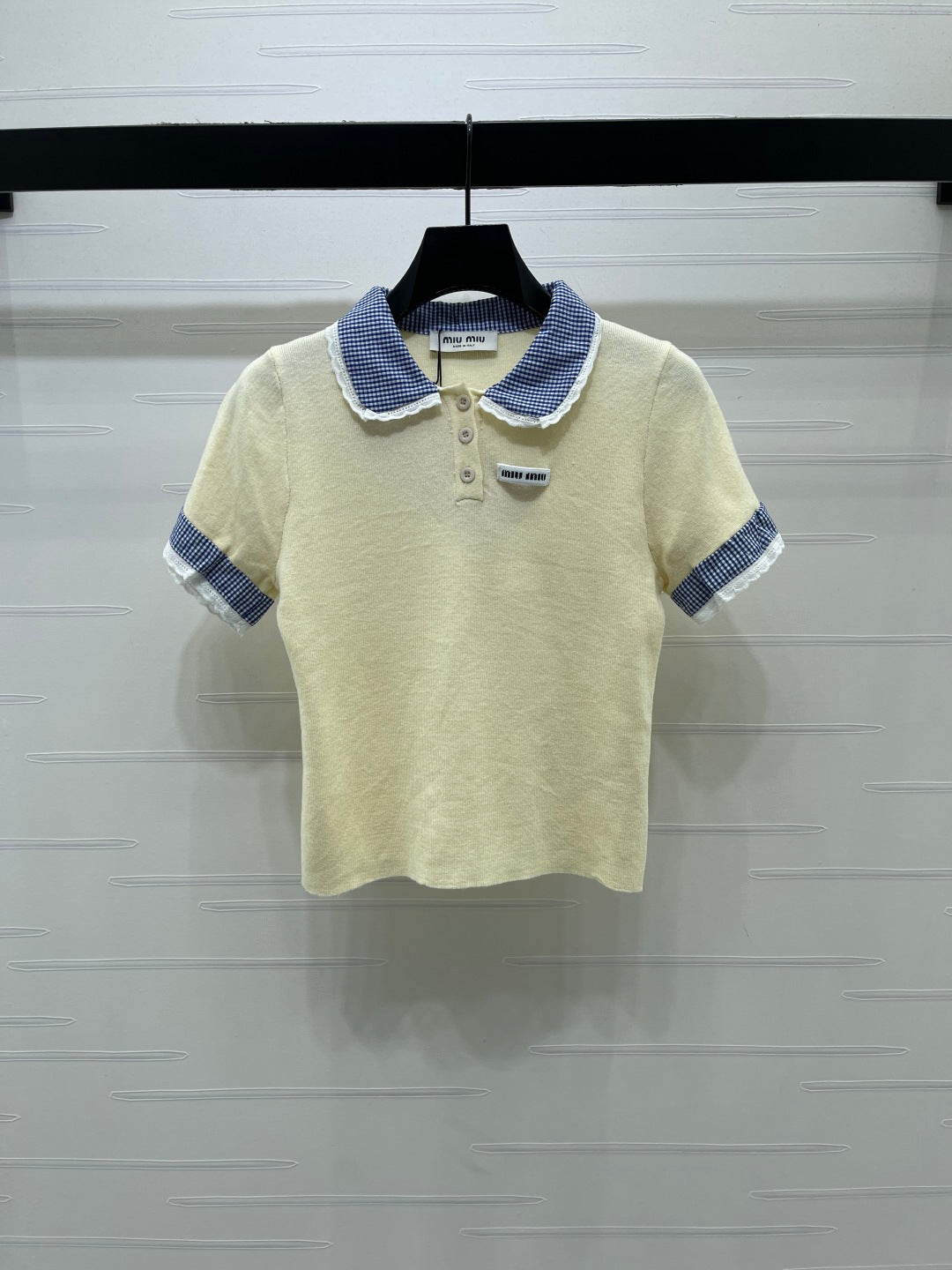 Miumiu 2026 Polo Shirts With Checkered Collar And Lace Trim Wool 332264