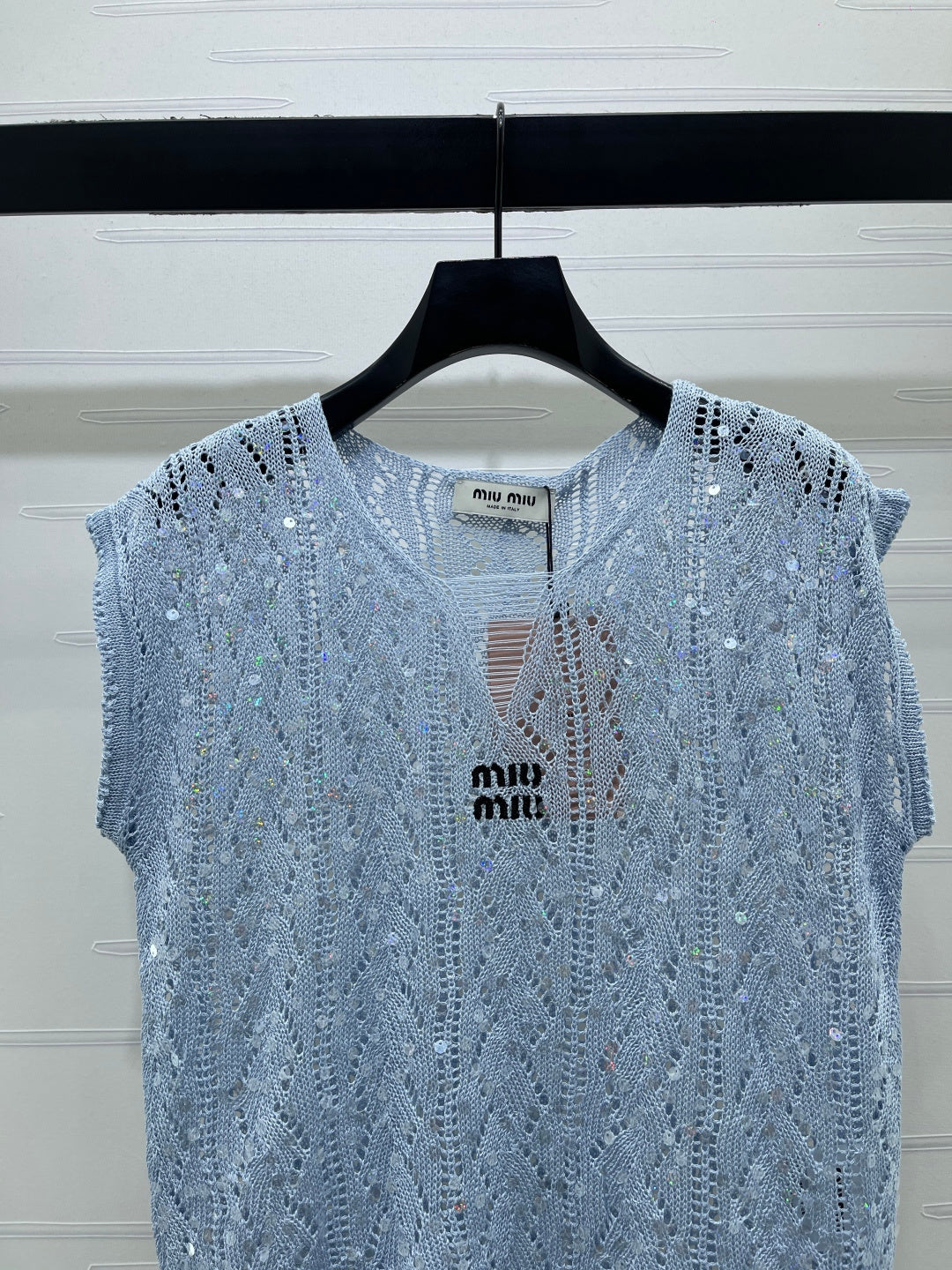 Miumiu 2026 Sequined Openwork Knit Short-Sleeve Top Wool 375034