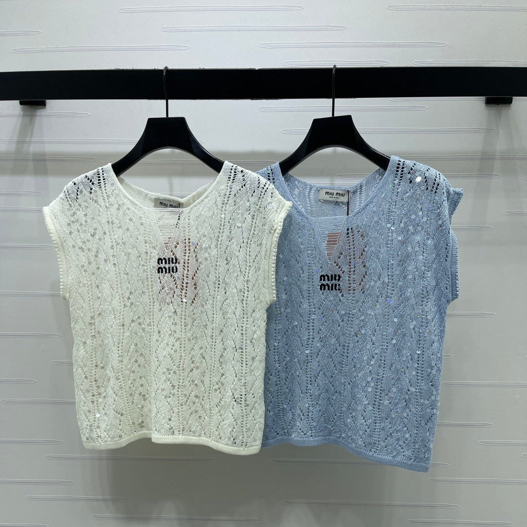 Miumiu 2026 Sequined Openwork Knit Short-Sleeve Top Wool 375034