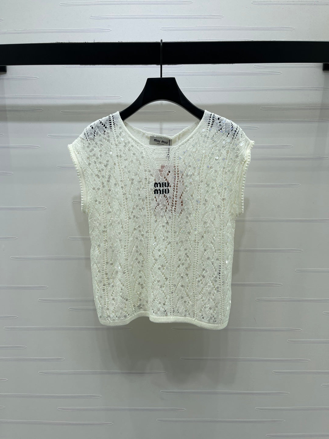 Miumiu 2026 Sequined Openwork Knit Short-Sleeve Top Wool 375034
