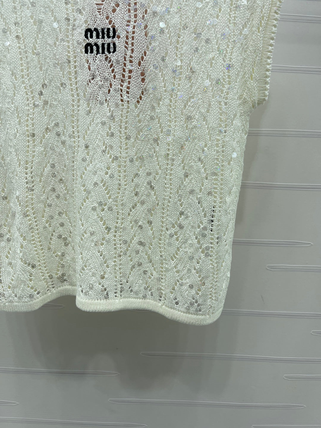 Miumiu 2026 Sequined Openwork Knit Short-Sleeve Top Wool 375034