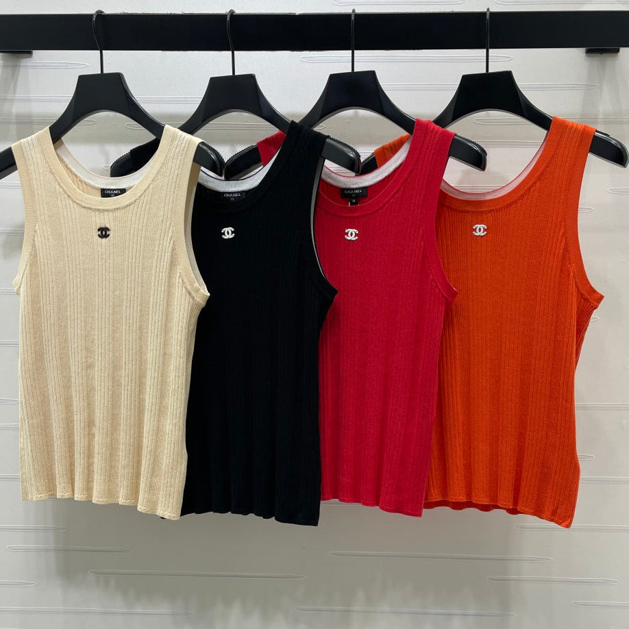 Chanel 2026 Vertical Ribbed Crew Neck Knit Vest Cotton 376040