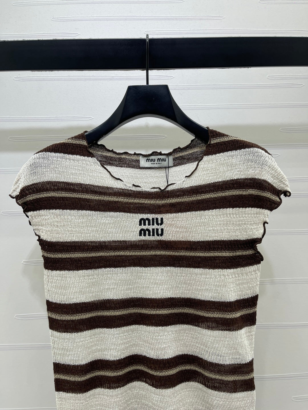 Miumiu 2026 Color-blocked Striped Knit Short-sleeved Top Cotton 380669