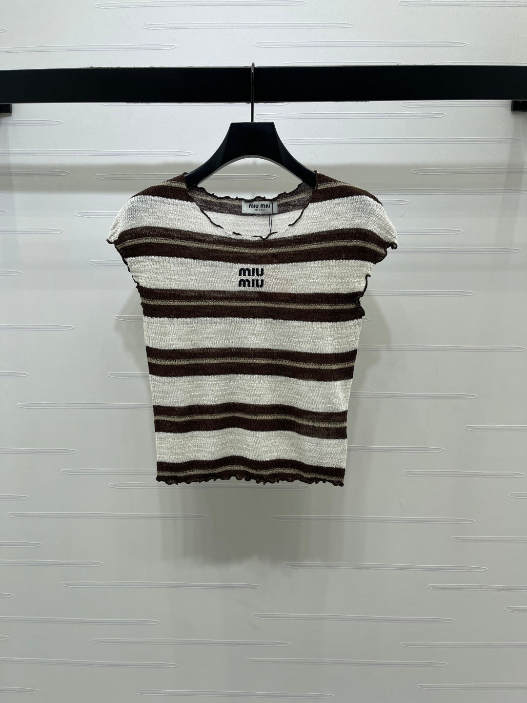 Miumiu 2026 Color-blocked Striped Knit Short-sleeved Top Cotton 380669