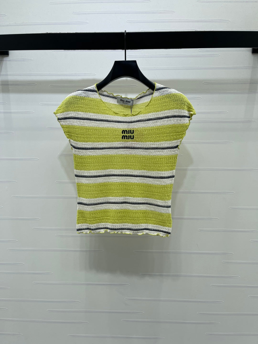 Miumiu 2026 Color-blocked Striped Knit Short-sleeved Top Cotton 380669