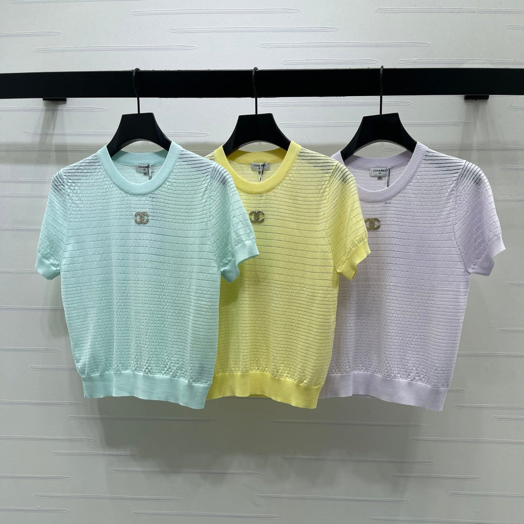 Chanel 2026 Striped Knit Short-sleeved Top Tencel Cotton 380709