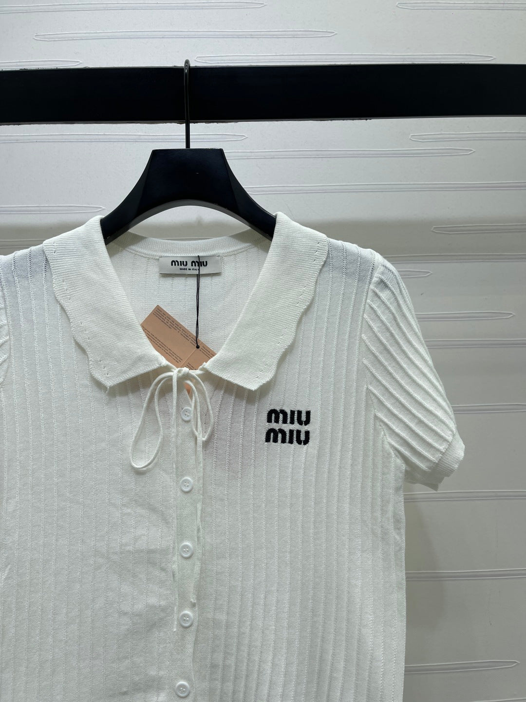 Miumiu 2026 Vertical Ribbed Short-Sleeve Cardigan Tencel 380697
