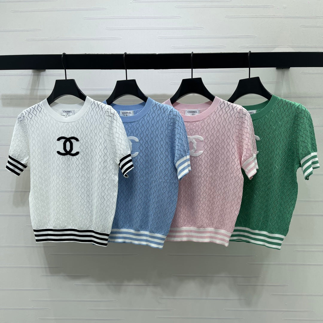 Chanel 2026 Pattern Hollow-Out Round Neck Knitted Short Sleeve Cotton 394026