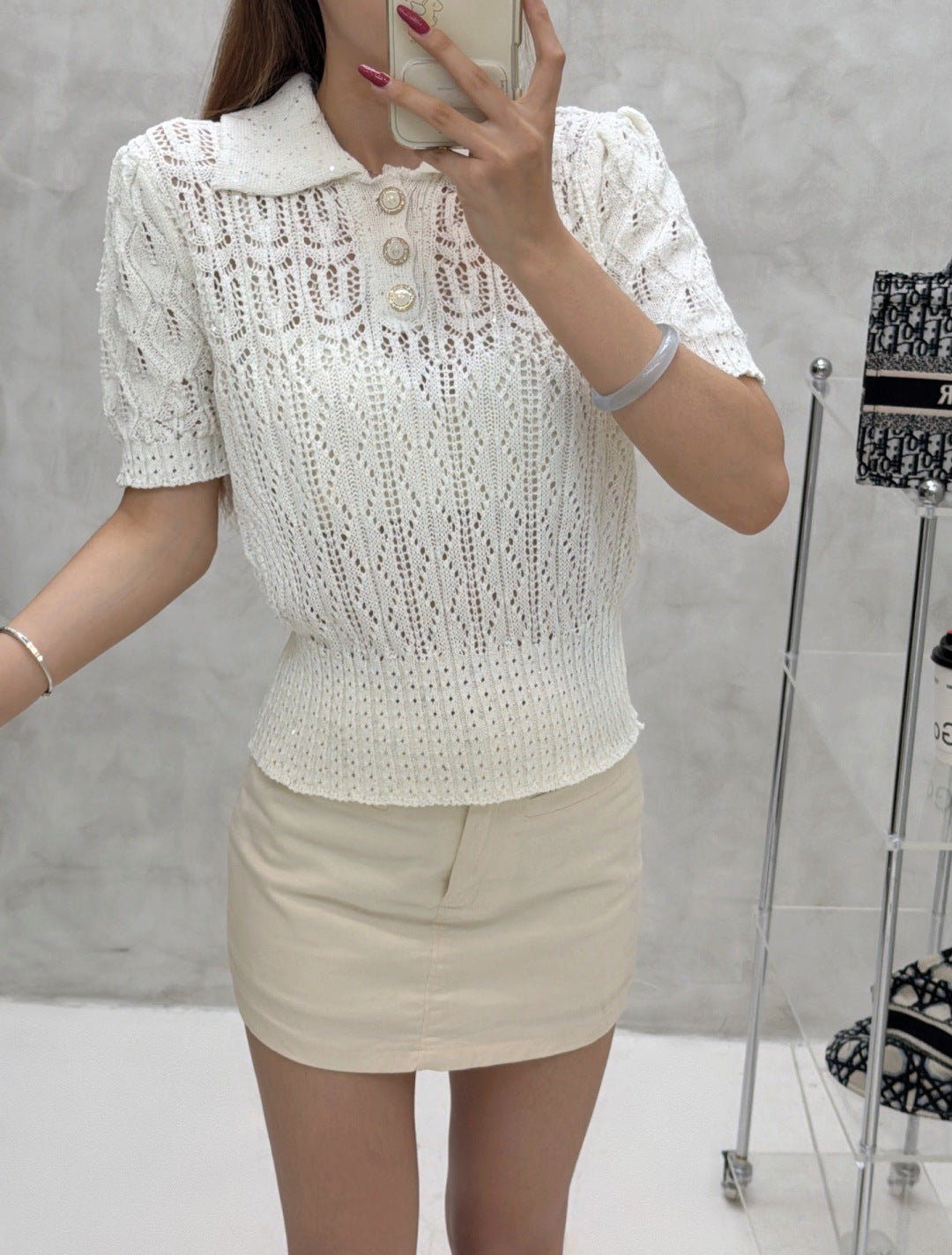 Chanel 2026 Sequin Hollow-Out Collar Knit Short-Sleeve Cotton 397678