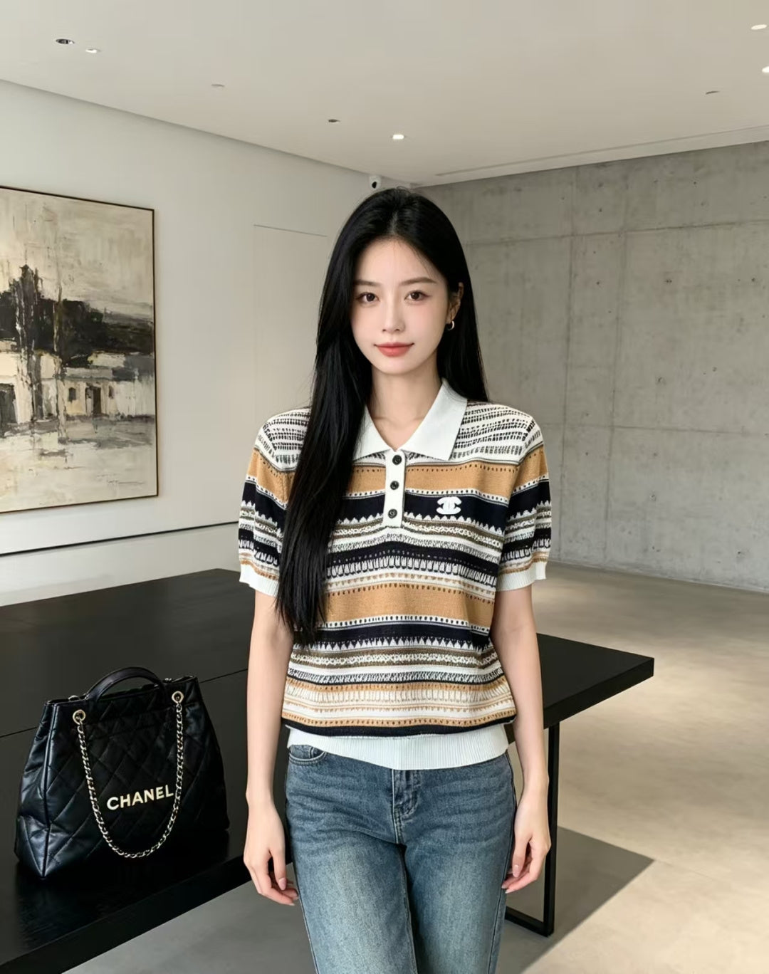 Chanel 2026 Striped Collared Simple Knit Short-Sleeve T-Shirt Wool Nylon 397696