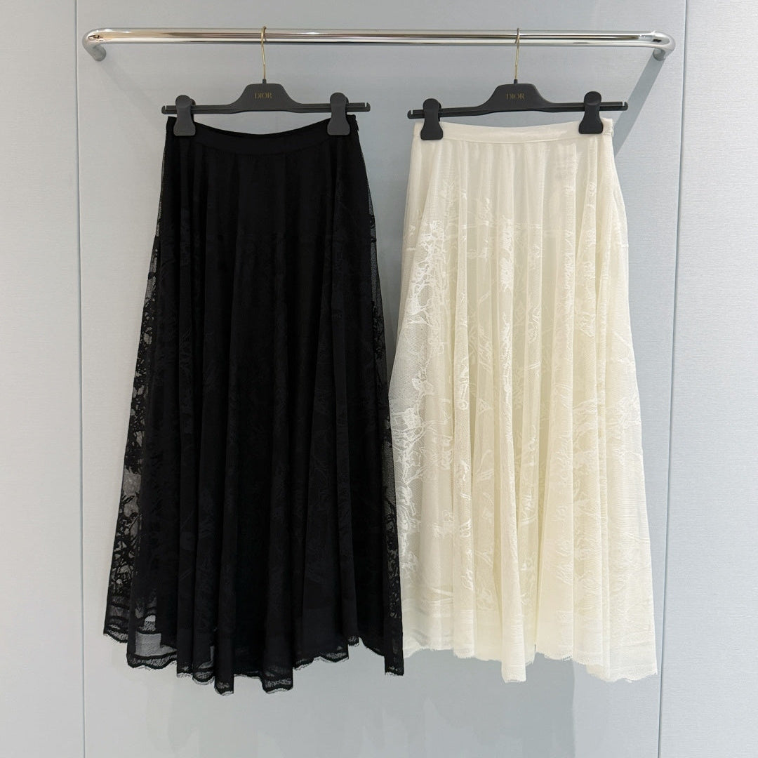 Dior 2026 Long Skirt Black and White Lace Cotton 408346