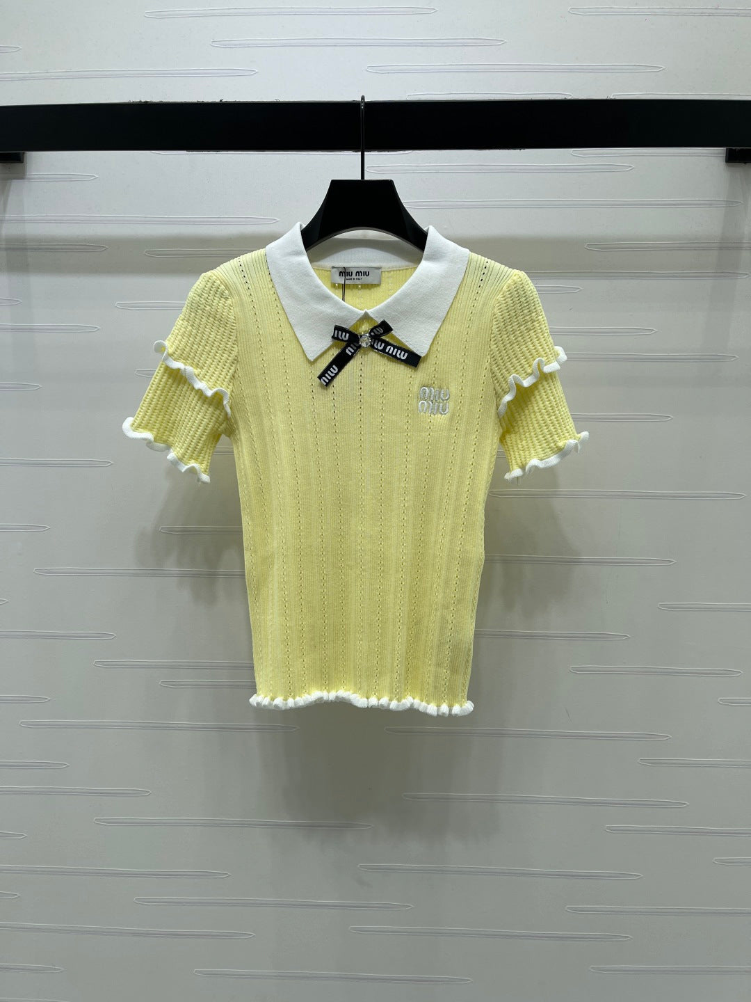 Miumiu 2026 Knitted Polo Shirt With Black Bow Wool Cashmere 414394