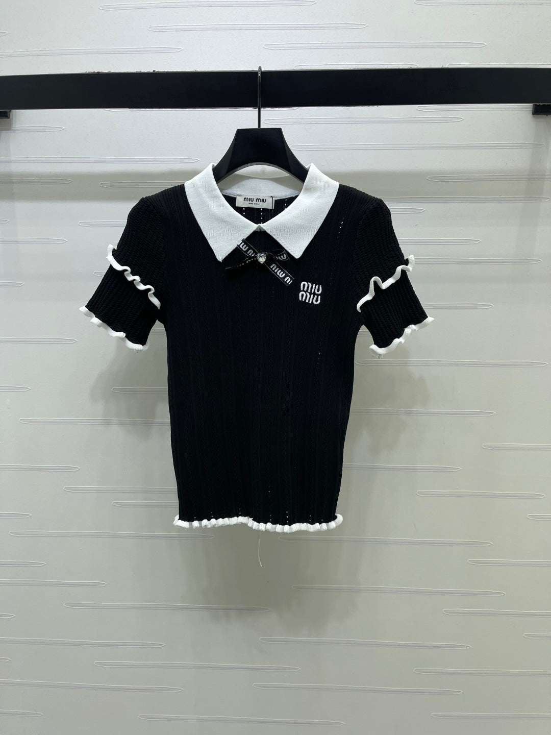 Miumiu 2026 Knitted Polo Shirt With Black Bow Wool Cashmere 414394