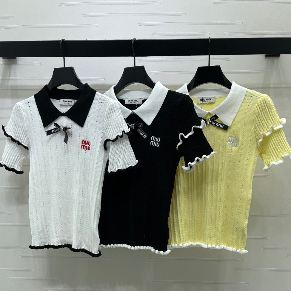 Miumiu 2026 Knitted Polo Shirt With Black Bow Wool Cashmere 414394