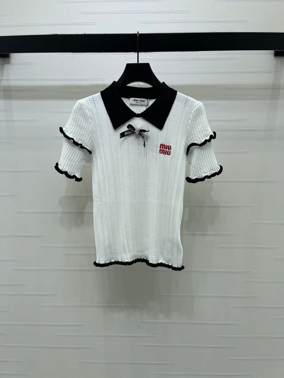 Miumiu 2026 Knitted Polo Shirt With Black Bow Wool Cashmere 414394