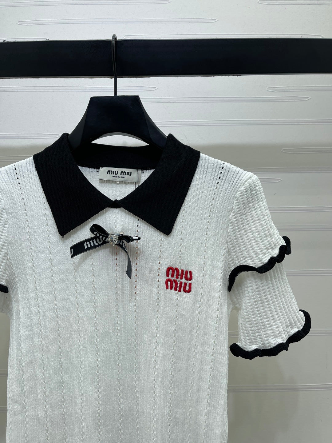 Miumiu 2026 Knitted Polo Shirt With Black Bow Wool Cashmere 414394