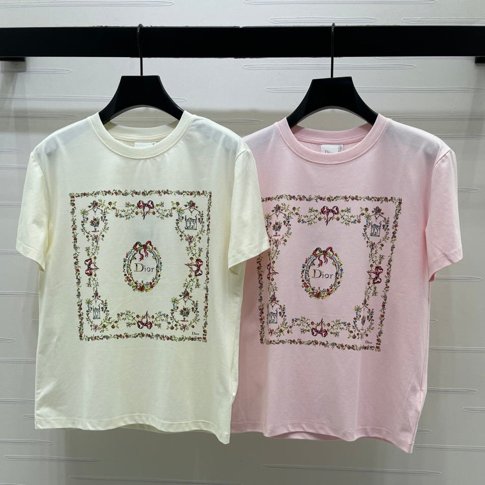 Dior 2026 Square Floral Embroidery Short-Sleeve T-Shirt Cotton 385378