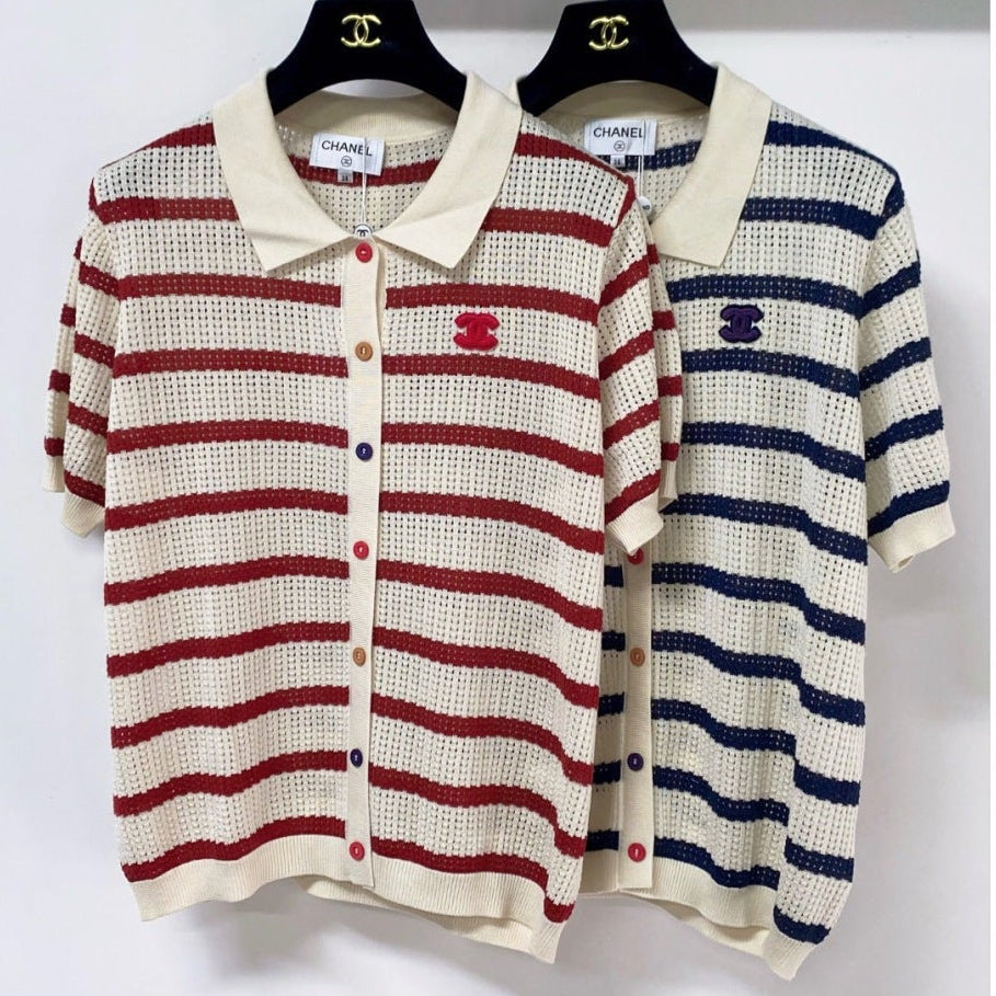 Chanel 2026 Striped Knit Polo Shirt Laine Wool 442989