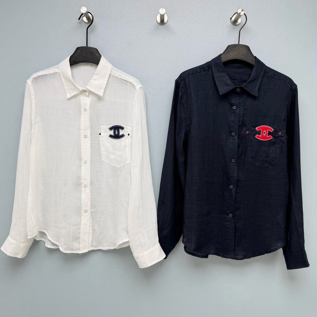 Chanel 2026 Double C Embroidery Shirt White and Navy Blue Cotton 392370