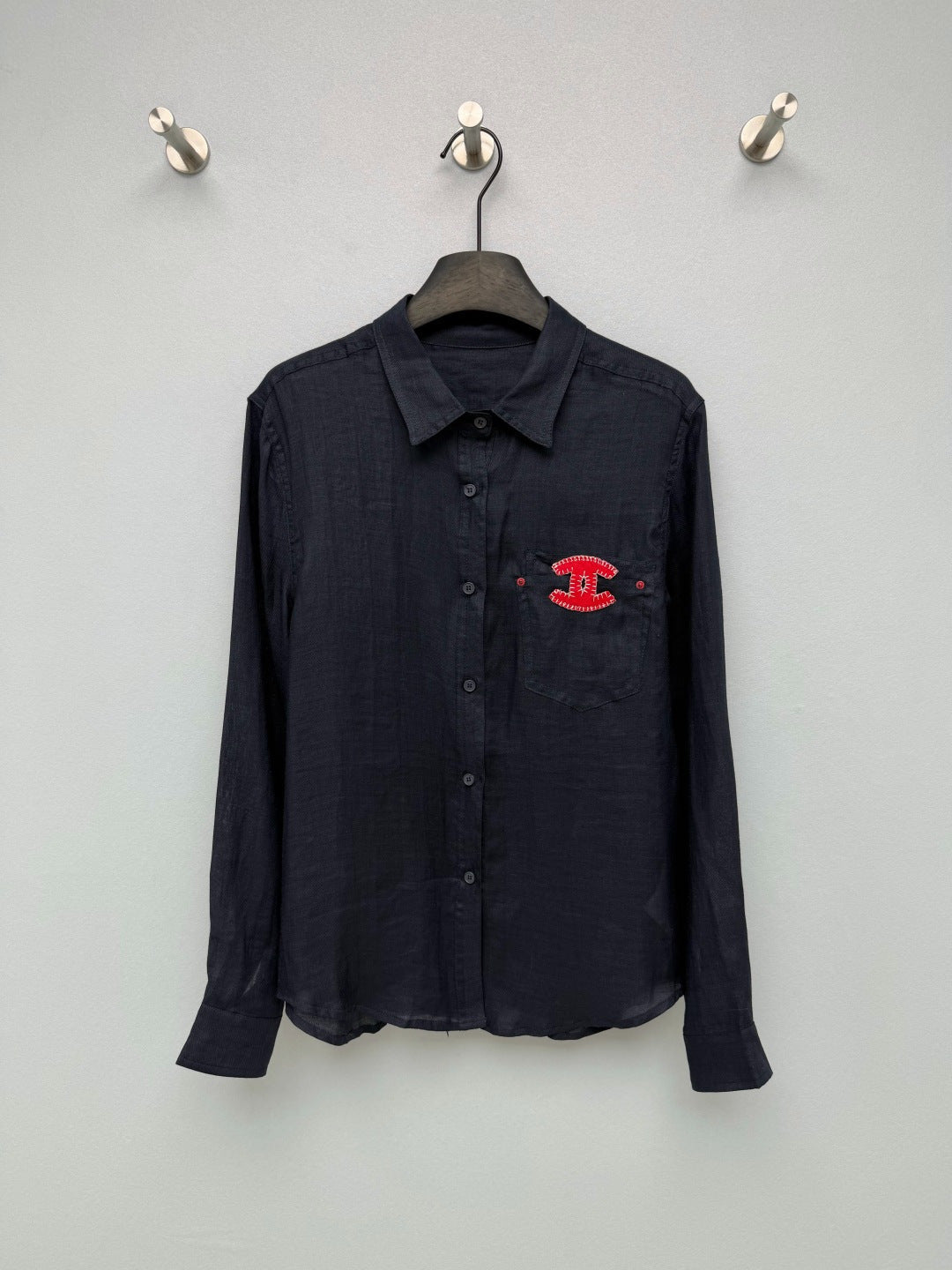 Chanel 2026 Double C Embroidery Shirt White and Navy Blue Cotton 392370