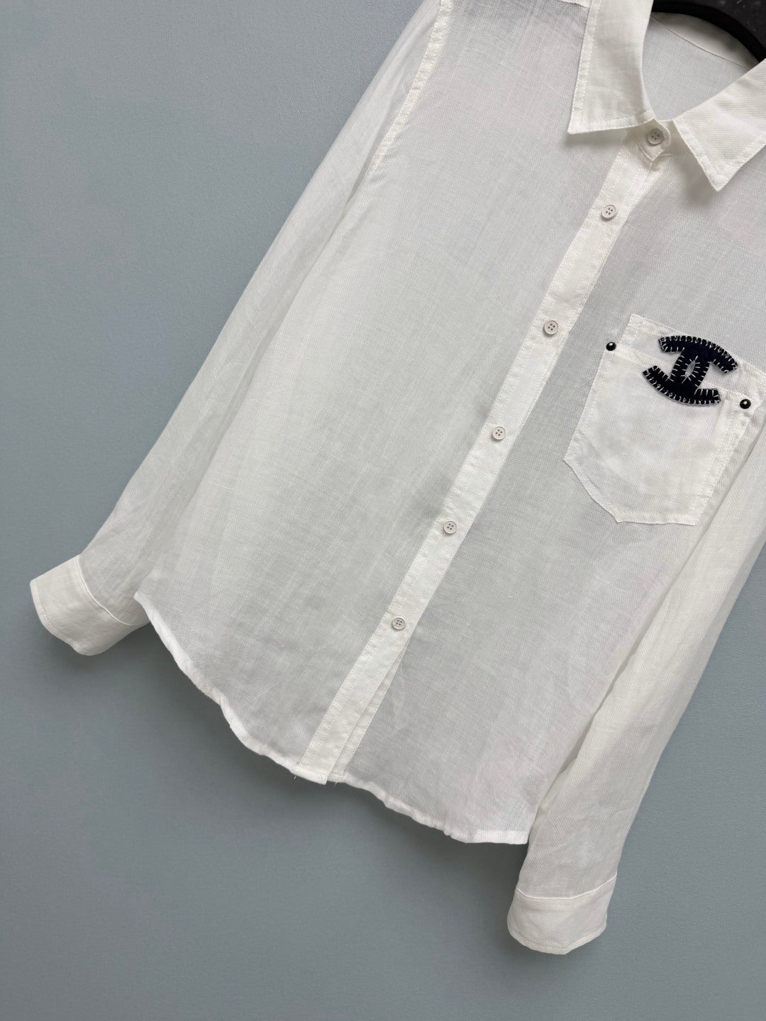 Chanel 2026 Double C Embroidery Shirt White and Navy Blue Cotton 392370