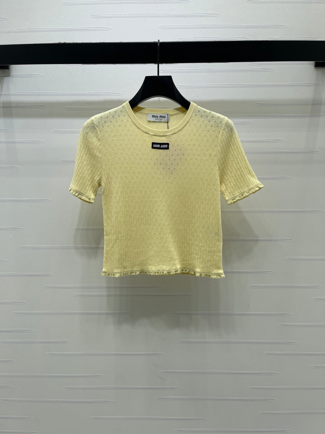 Miumiu 2026 Lace-trimmed Knit Crew Neck Short-sleeved Top Cotton 392700