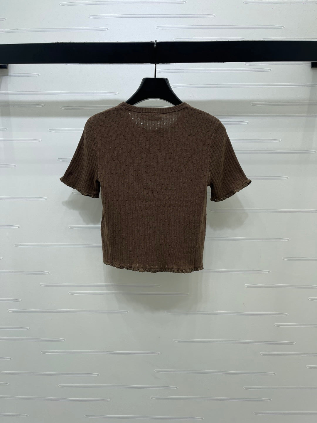 Miumiu 2026 Lace-trimmed Knit Crew Neck Short-sleeved Top Cotton 392700