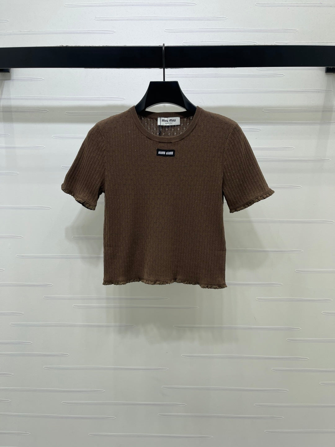 Miumiu 2026 Lace-trimmed Knit Crew Neck Short-sleeved Top Cotton 392700