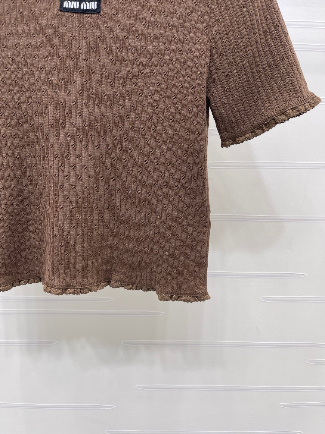 Miumiu 2026 Lace-trimmed Knit Crew Neck Short-sleeved Top Cotton 392700