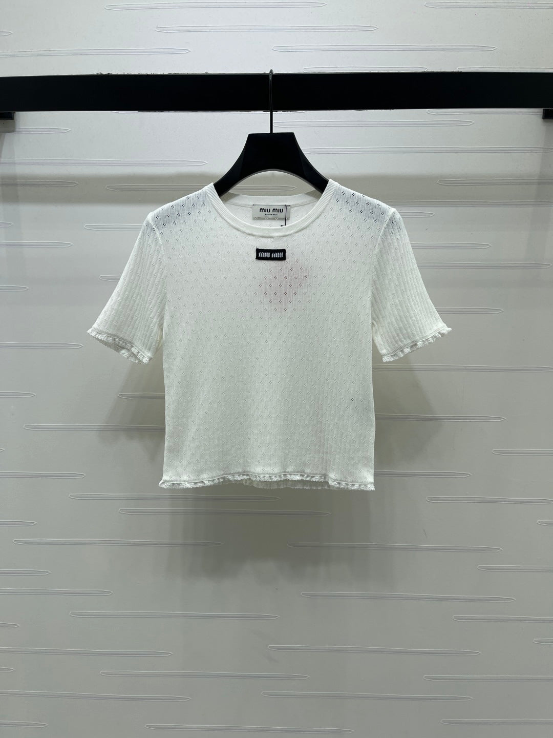 Miumiu 2026 Lace-trimmed Knit Crew Neck Short-sleeved Top Cotton 392700