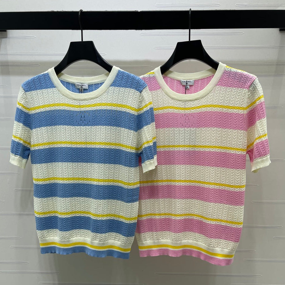 Chanel 2026 Striped Short-sleeve Top Cotton Wool Cashmere 395495