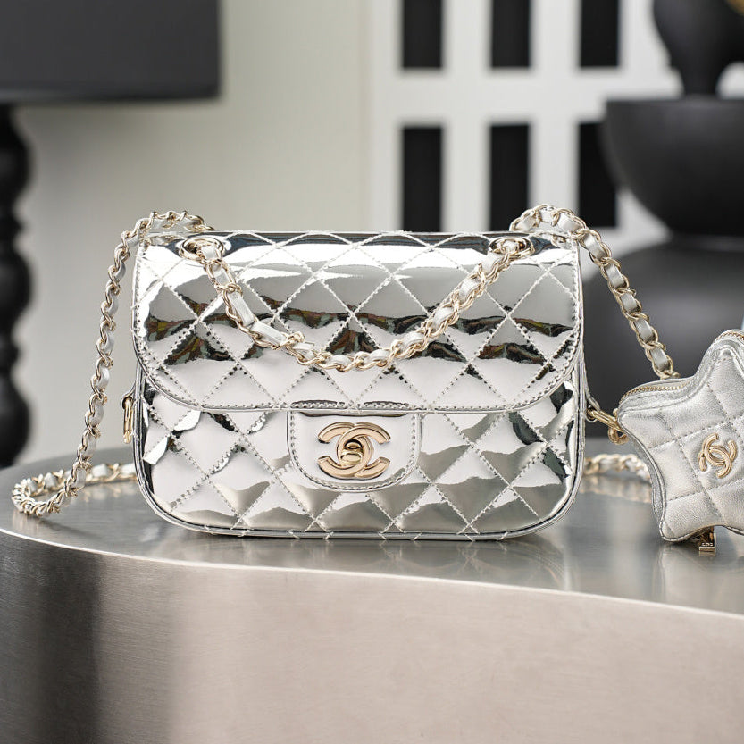 Chane 2026 Flap Mirror Bag Gold And Silver Metallic Calfskin