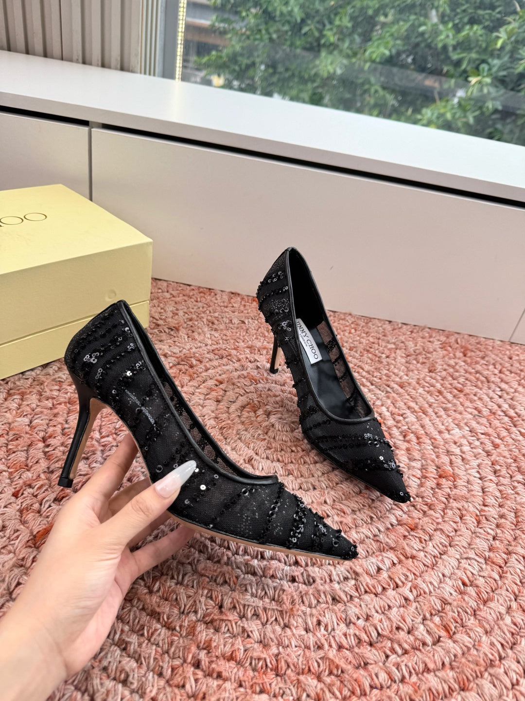 Jimmy Choo 2026 Pointed-Toe Pumps 85mm Sequined Mesh 916797